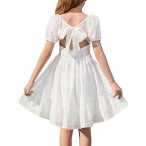 3 x GRACE KARIN Girls Summer Tie Back Dress Square Neck Lantern Sleeve Ruffle Hem Elegant Dresses for 7-14 Years (White)