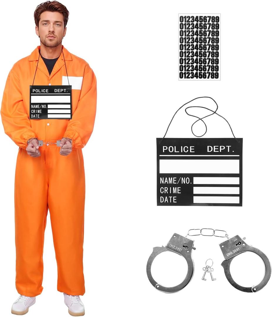 Inmate Costume Men, Orange Prisoner Costume Jail Jumpsuit Convict Outfits Halloween Costumes for Men (Small, Style B)