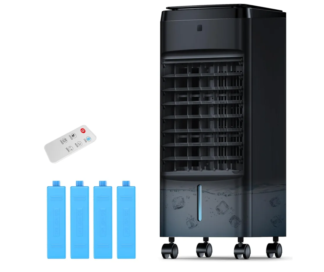 NOMEY 3-IN-1 Portable Air Conditioners 4 Modes & 3 Speeds, Waterless Alert System, 12H Timer, 1 Gal Detachable Water Tank, 4 Ice Packs, Remote, 70° Oscillation Windowless Evaporative Air Cooler