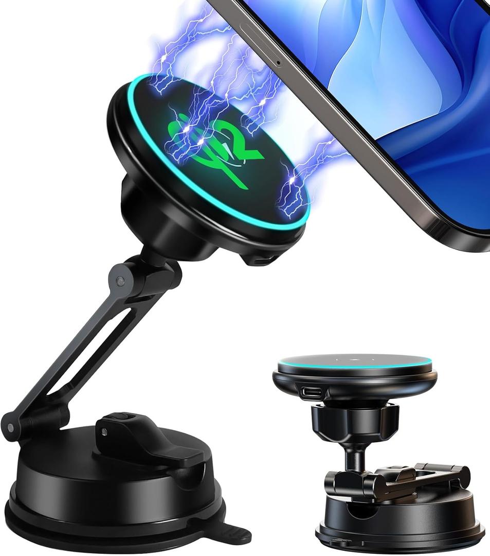 Certified Qi2 Car Phone Mount Charger for MagSafe, 360 Adjustable & Folding Arm, Universal Dashboard Windshield Mirror Screen Magnetic Holder for Tesla Model 3/Y Accessories & iPhone 17/16/15 Pro Max