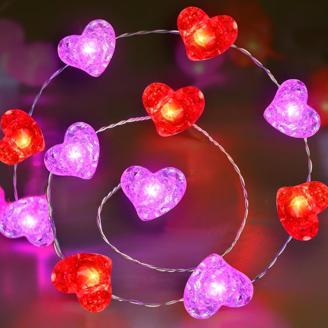 Valentines Day Lights 10FT 30LEDS Heart String Lights Battery Operated, Red Pink Hearts Shaped Light with Timer, Heart Hairy Light Valentines Day Decorations for Home Indoor