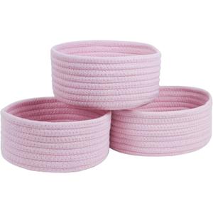 Small Storage Basket, Set of 3 Woven Baskets, Cotton Rope Small Baskets for Organizing, Cute Mini Tiny Round Basket, Bathroom Organization Bin (Pink)