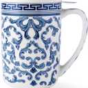 AmorArc Porcelain Tea Mug with Infuser and Lids, 18 Oz Large Cup Strainer with Bag Holder for Loose Leaf Tea, Steeping Coffee Mug for House-Warming Wedding Birthday Gift (Classical Pattern)