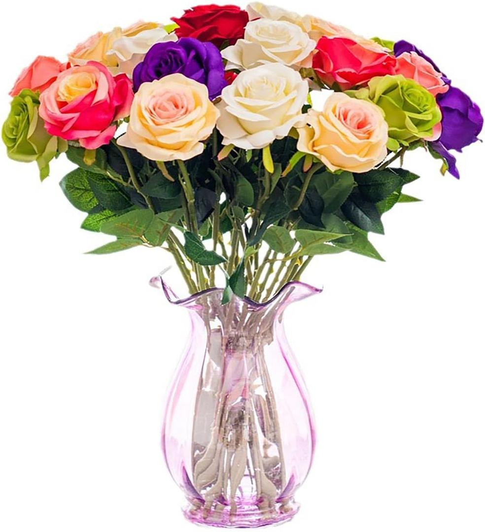 JINEN Artificial Flower Roses, 12PCS Real Touch Fake Flowers with Stems, Flannel Roses for Christmas Home Wedding Bathroom Kitchen Decorations(Mix Color)