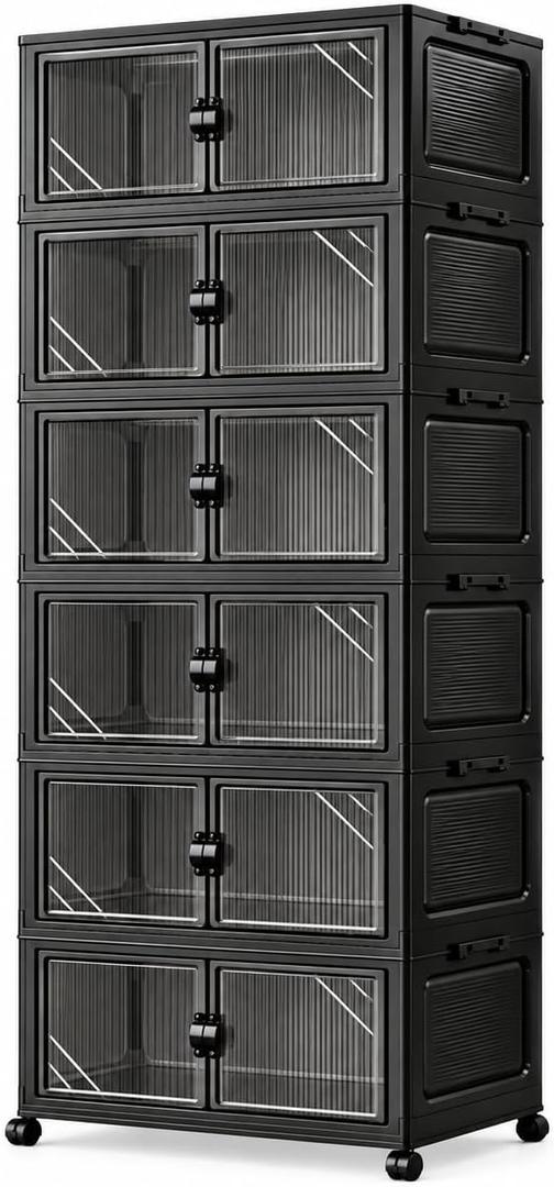 291QT Foldable Storage Cabinet with Wheels & Lid, 6-Tier Black