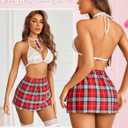 Avidlove Sexy Lingerie Set for Women Plaid Mini Skirt Outfit with Thong Set 4 Piece (Large)