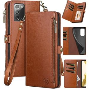 XcaseBar for Samsung Galaxy Note 20 Wallet case with Zipper Credit Card HolderRFID Blocking, Flip Folio Book PU Leather Phone case Shockproof Cover Women Men for Samsung Note20 case Light Brown