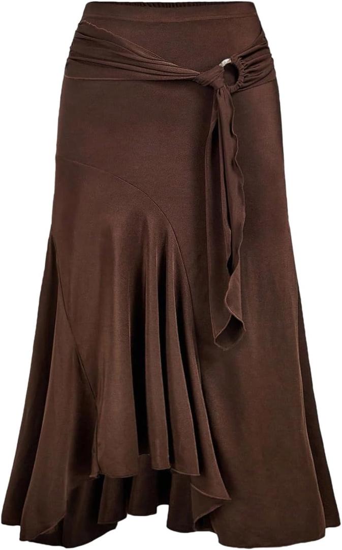 Verdusa Women's Plus Size Western Y2k Metal Tie Wrap Long Skirts Vintage Asymmetrical Flowy Skirt (4XL, Brown)