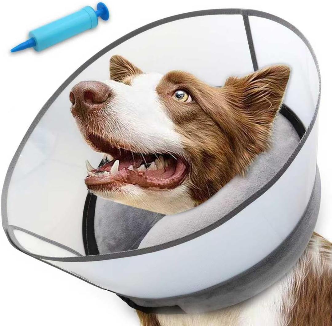 2-in-1 Upgraded Inflatable Dog Cone Collar with Detachable Anti-Licking Shield, Soft Adjustable Elizabethan Collar for Dogs After Surgery (L, Grey)