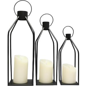 Lanterns Decorative Tall Large Black Metal Candle Lanterns Set of 3- Modern Farmhouse Decor for Indoor,Outdoor,Tabletop,Porch (No Glass NO Candles)