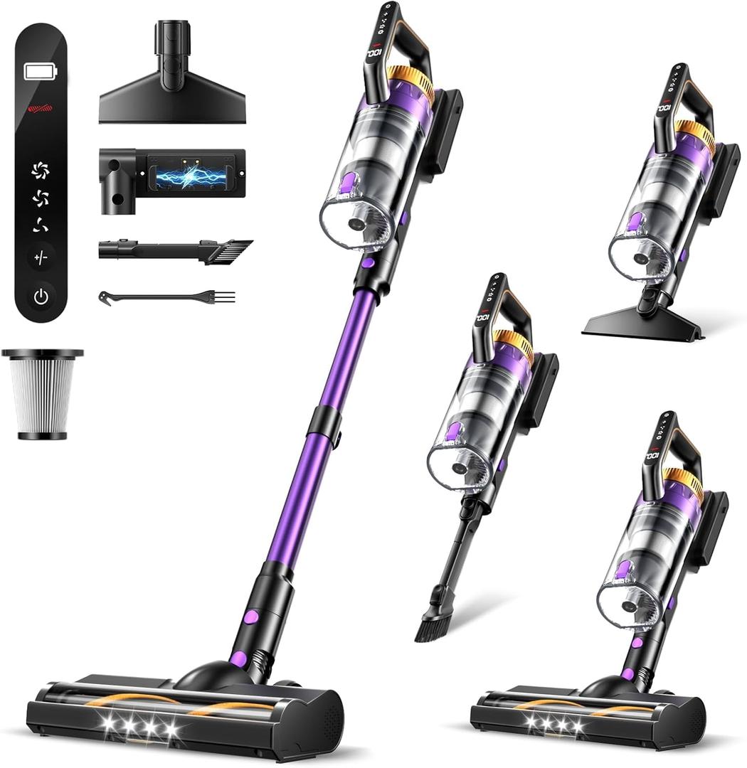 Cordless Vacuum Cleaner for Home, 580W/48KPa Powerful Suction, 65 Min Runtime, Lightweight Stick Vacuum with Touch Screen & Wall Mount, Handheld Vacuum for Pet Hair, Carpet & Hard Floors (Purple)