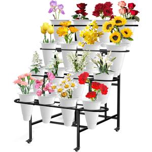 Flower Display Stand with 16PCS Buckets, 4 Layers Flower Cart Display Stand with Wheels Heavy Duty Metal Flower Bar Stand for Florist Shop, Patio Garden and Living Room - Black