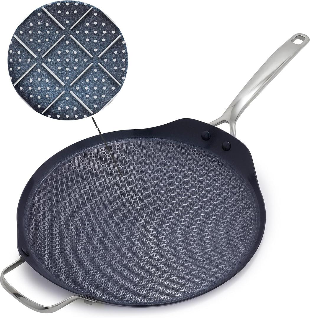 Blue Diamond Hybrid Nonstick Stainless Steel 12" Griddle Pan, XL Skillet, PFAS-Free Ceramic Diamond Bond Searing, Pancakes & Omelets, Dishwasher Safe, Stay-Cool Handle, Induction Ready, All Cooktops
