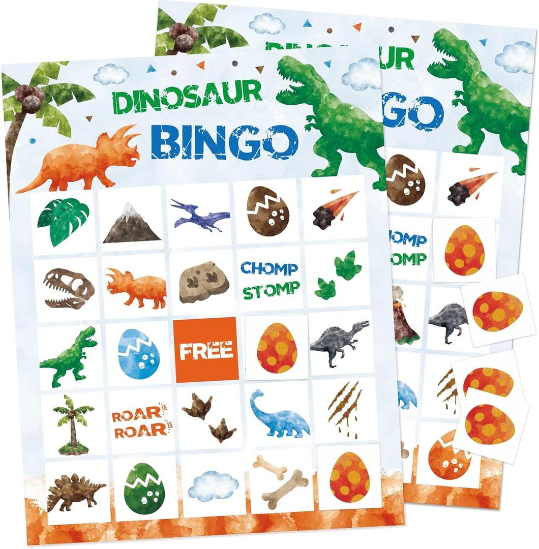 WERNNSAI Dinosaur Party Bingo Games - 24 Players Watercolor Dino Birthday Bingo Game Cards Set for Kids Boys Happy Little Dinosaurs Game Dinosaur Themed Activities for School Classroom Family Holiday