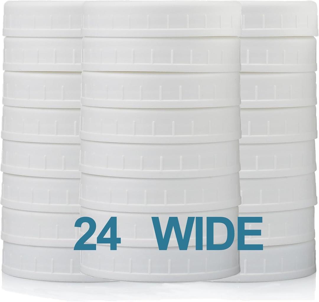 AOZITA 24 PACK, WIDE Mouth Mason Jar Lids for Ball, Kerr and More - White Plastic Storage Caps for Canning Jars - Leak-Proof & Anti-Scratch Resistant Surface