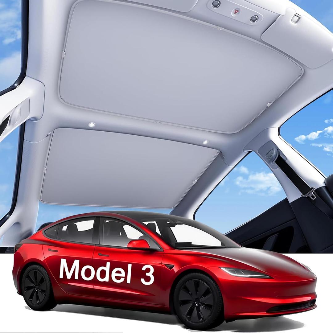 2025 Upgraded Tesla Model 3 Highland Sunshade Roof, UPF200+ Roof Sunshade with Storage Bag, No-Sag&No-Gaps Heat Insulation Foldable Roof Shade, Tesla Accessories for Highland 2024-2025,Gray