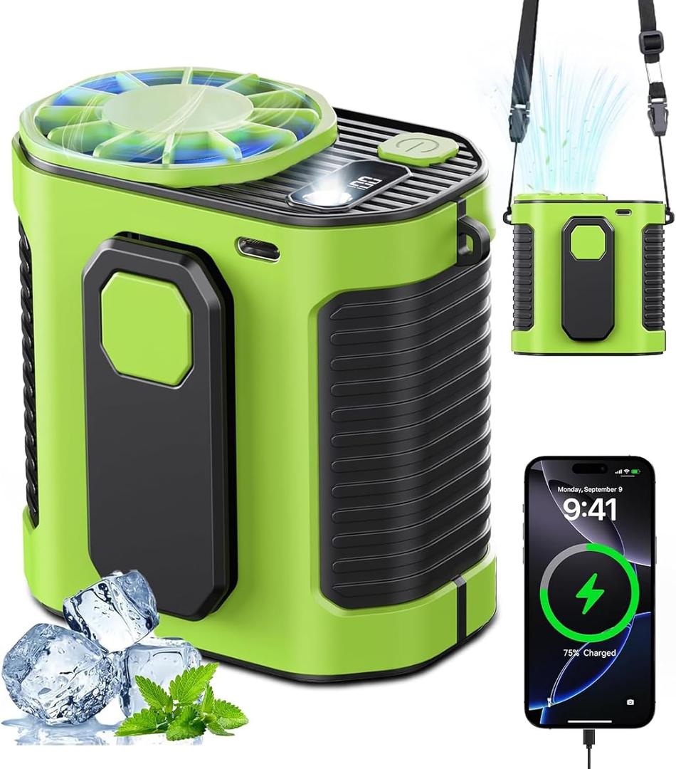 Portable Waist Fan, 10-Speed Rechargeable Body Fan with LED Light,Hands Free Wearable Belt Clip Waist Fans, 10000mAh Battery Cooling Fans, Dual Clips/Power Bank, 15000RPM for Camping, Outdoor, Jobsite (Green)