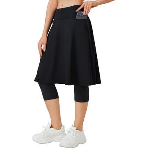 ANIVIVO 24" Long Knee Length Skirted Leggings for Women,Modest Athletic Skirt with Leggings Pleated Workout Skirt Zipper Pockets(Black,S)