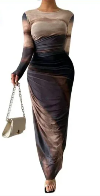 Luxury Printed Bodycon Maxi Dress Long Sleeve Mesh Ruched Elegant Cocktail Purple Navy (Large)