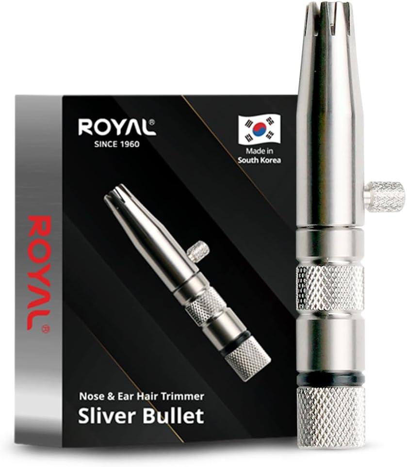 ROYAL [Made in Korea] Premium Manual Nose Hair Trimmer for Men Silver Bullet, Battery-Free, Stainless Steel Rotary Blade Grooming Tool, Waterproof, Safe & Painless with Patented Mechanism, ET-3