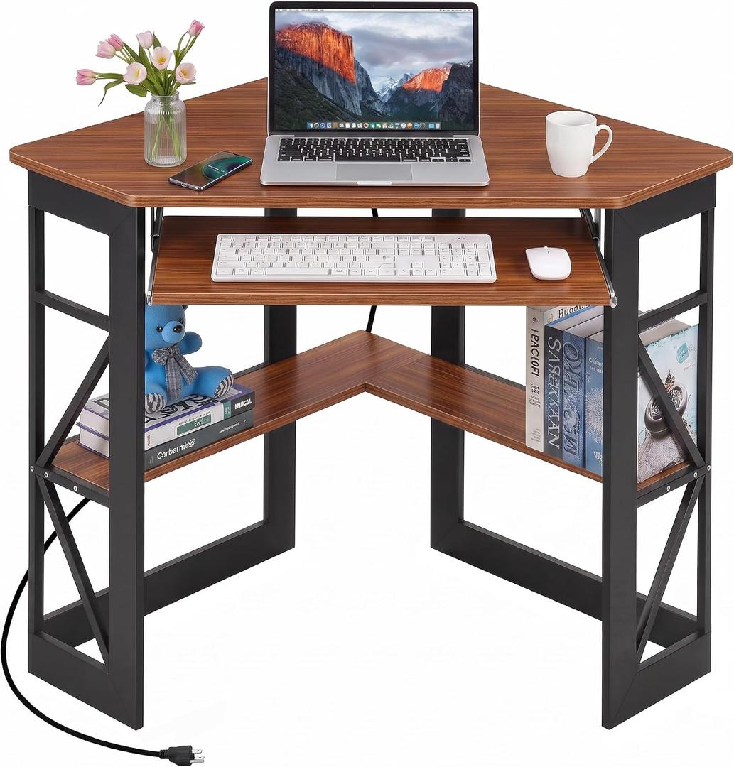 VECELO Corner Desk, Triangle Computer Desk for Small Space with Charging Station and Keyboard Tray, Corner Makeup Table with Storage Shelves for Home Office Bedroom, 41x30, Teak Brown, 28" x 41" x 30"