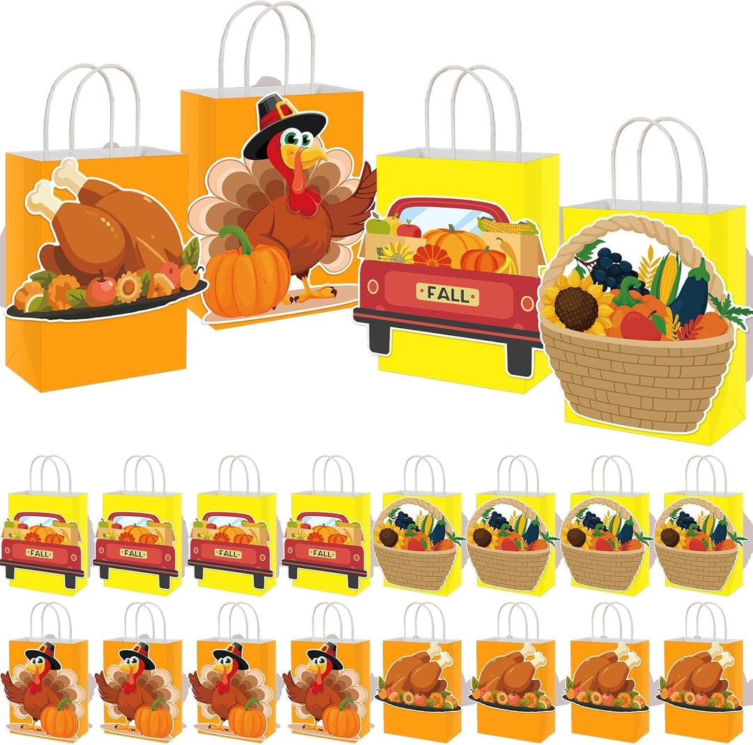 MotiMind 24 Pcs Thanksgiving Day Paper Gift Bags Party Favors Autumn Paper Gift Bags with Handles Turkey Favors Candy Treat Goodies Bag for Harvest Fall Thanksgiving Day Autumn Supplies