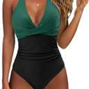 SUUKSESS Women Sexy Tummy Control One Piece Swimsuits Halter Push Up Bathing Suits (Large, #1 Deep Green Black)