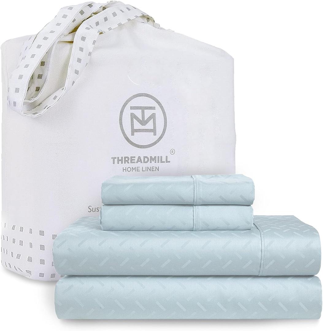 Threadmill Cotton Queen Sheet Set - 100% Cotton Damask Jacquard Sheets With 16" Deep Pocket - Soft Sateen Weave 4-Piece Cooling Bedding for Queen Size Bed - Blue (Light Blue Astra)