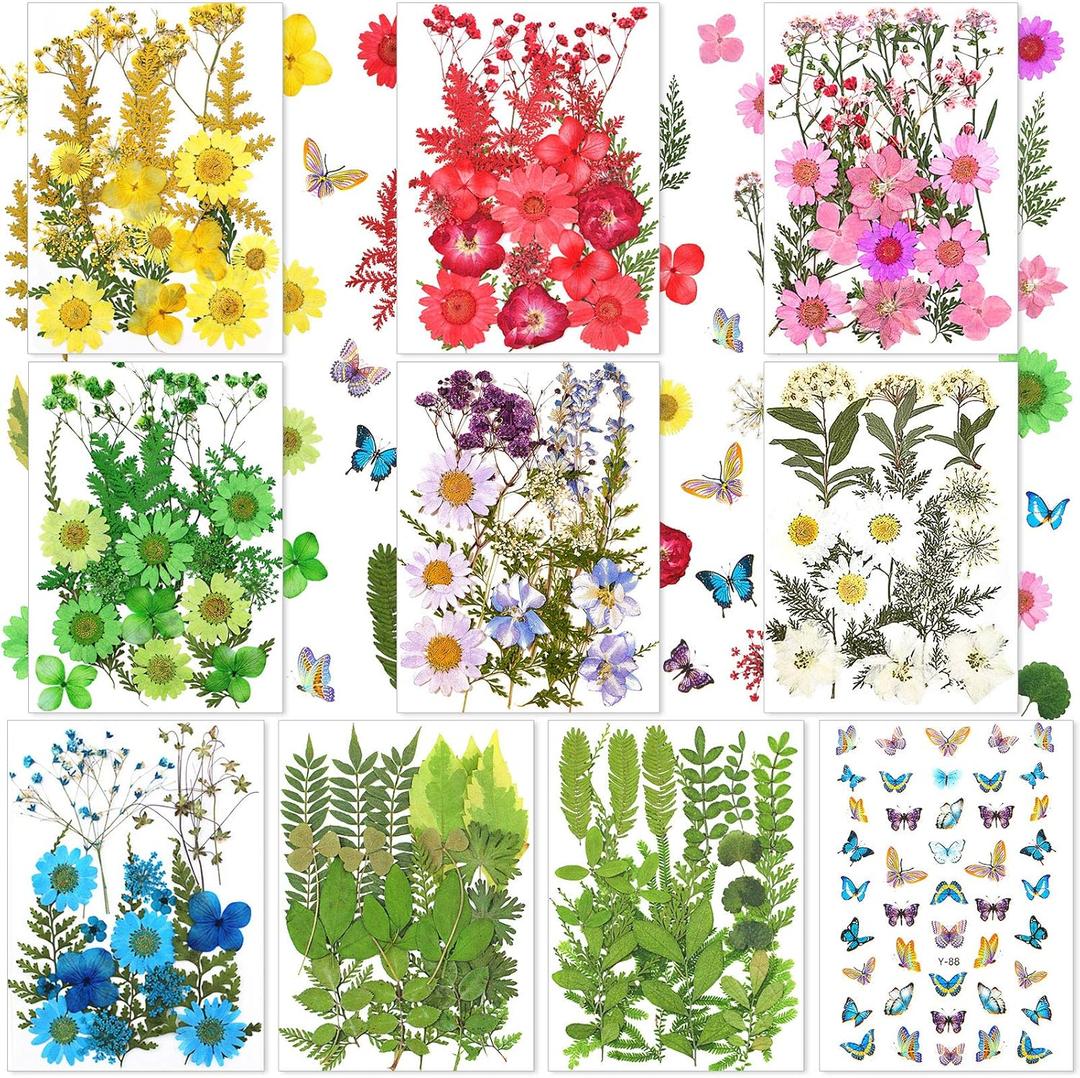 Nuanchu 223 Pcs Real Dried Pressed Flowers for Crafts Natural Dried Leaves and Butterfly Stickers Set Colorful Daisy Flowers and Adhesive Butterfly Decals for DIY Resin Jewelry Nail Crafts Floral Art