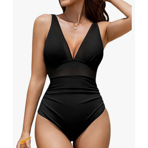 AI\\\'MAGE Women One Piece Swimsuit Tummy Control Bathing Suit Sexy Mesh V Neck Swimwear L