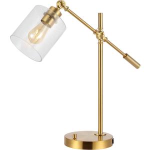 JONATHAN Y 23" Brass Gold 1-Light Iron and Seeded Glass Task Lamp, Modern Industrial Adjustable Desk Lamp with USB Charging Port for Home Office, UL Listed, LED Bulb Included JYL3082A