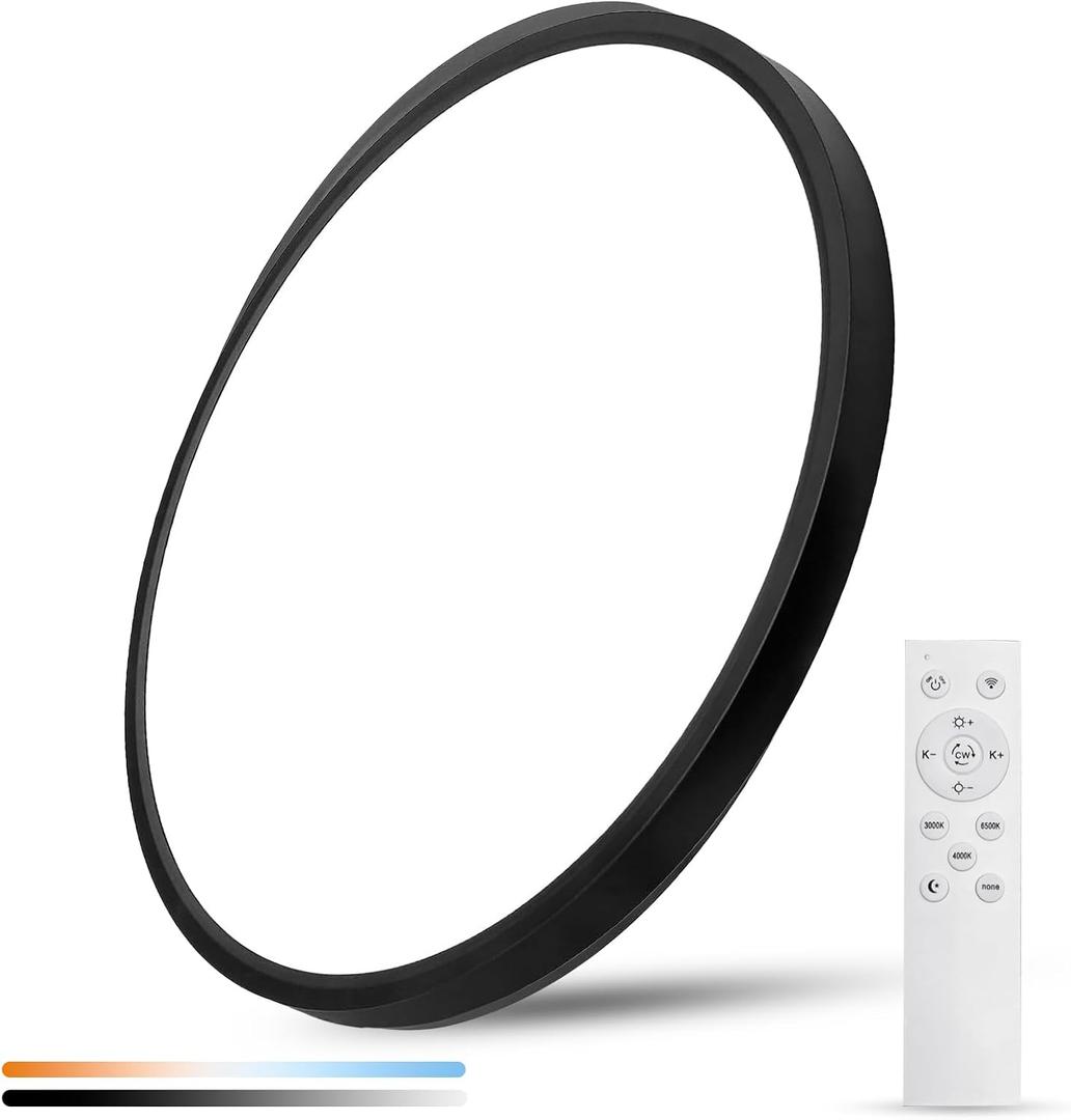 20 Inch Large LED Flush Mount Ceiling Light with Remote,40W,4350LM,Dimmable,3000K-6000K Selectable,Black Round Flat Panel Low Profile Ceiling Light Fixture for Kitchen,Bedroom,Hallway,Bathroom