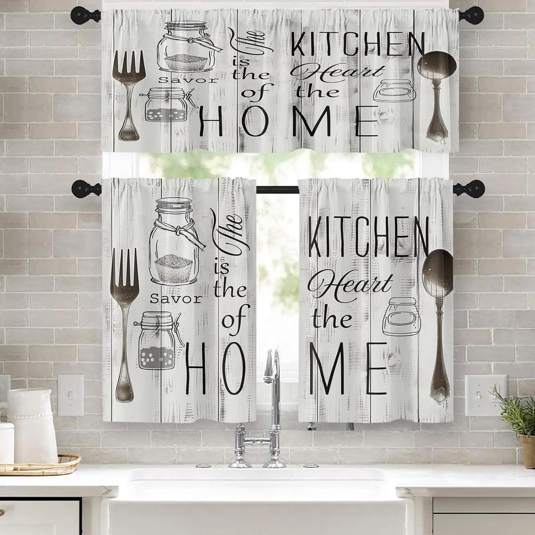 Emvency 36 Inch Kitchen Curtains White Farmhouse Rustic Window Curtains and Valances Set of 3, Vintage Fork Spoon Barn Country Wooden Wood Short Tier Curtain, Vintage Small Kitchen Decor