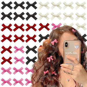 Mini Bow Hair Clips - 40Pcs Bowknot Ribbon Alligator Clips and Barrettes for Women, Girls Thick & Thin Hair Braids, Wedding, Birthday Party Styling