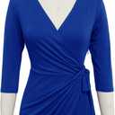 Berydress Women's Classic 3/4 Sleeve V Neck Sheath Casual Party Work Faux Black Wrap Dress (Blue, L)