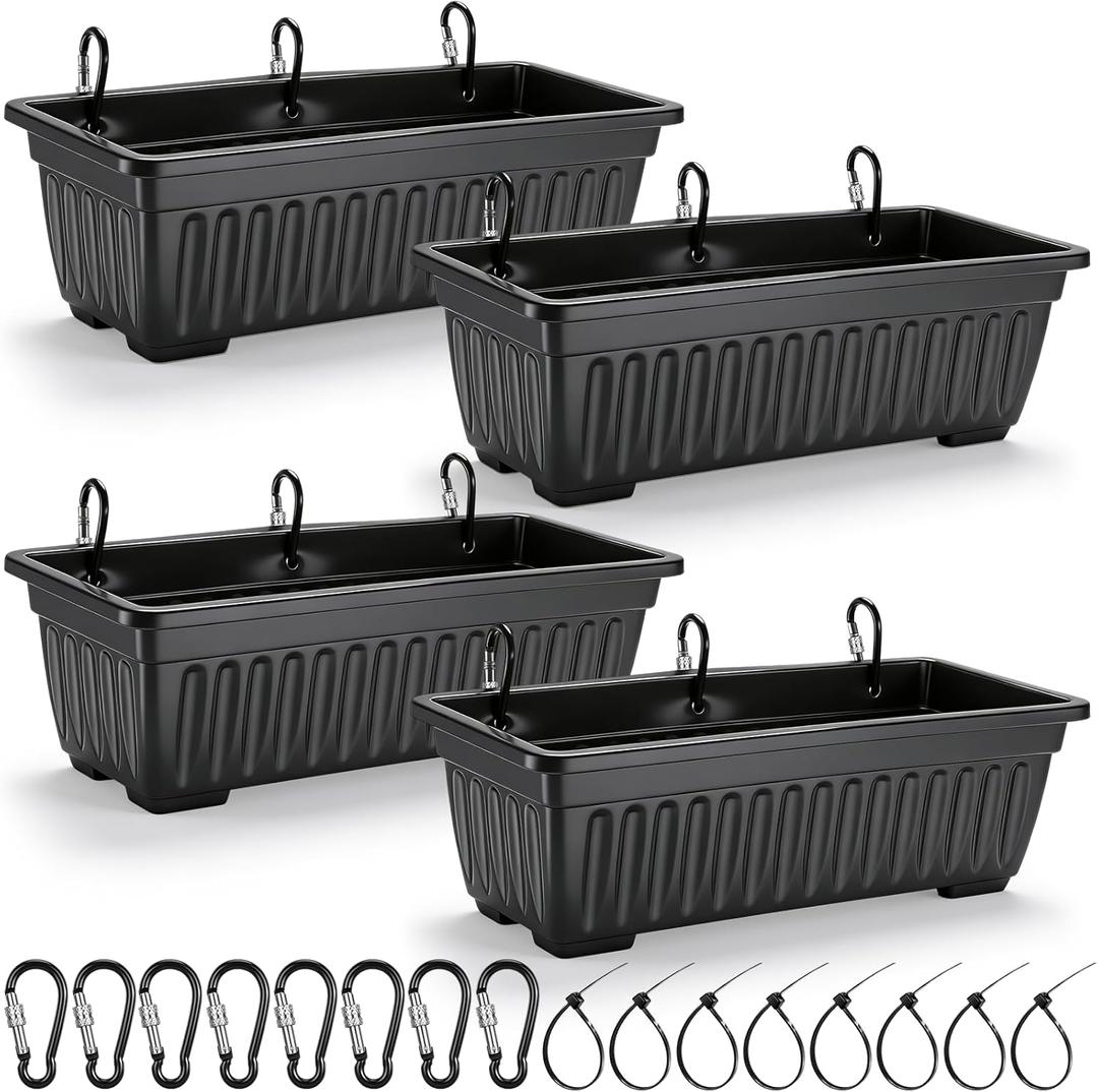 4 Pack 12 Quart Large Feed Trough Goat Horse Feeders Plastic Hanging Feeder with Clips and Nylon Cable Tie Water Trough Supplies Dog Horse Hog Pig Livestock Poultry for Large Animal Black