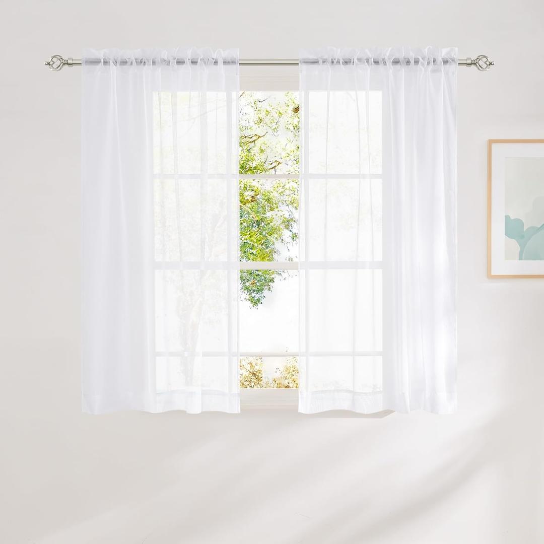NICETOWN White Sheer Curtains 54 inches Long for Bathroom, Rod Pocket Lightweight Drapes Voile Sheer Air & Breathable Window Treatments for Bedroom, W42 x L54, 2 Panels