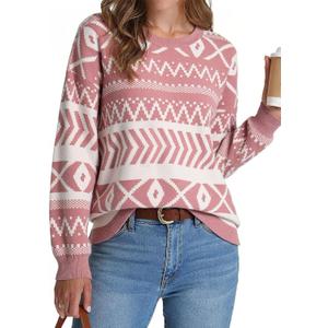 Dokotoo Women's Long Sleeve Crewneck Sweater 2025 Pullover Knit Tops Cozy Sweaters for Women Fall Clothes (Pink, M)