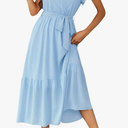 PRETTYGARDEN Women's Summer Floral Boho Dress Wrap V Neck Short Sleeve Ruffle A-Line Flowy Maxi Wedding Guest Dresses (Light Blue X-Large)