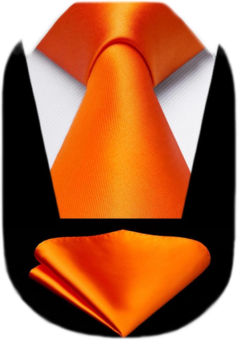 HISDERN Mens Solid Color Ties Formal Satin Necktie and Pocket Square Set Classic Wedding Business Tie & Handkerchief (Orange)
