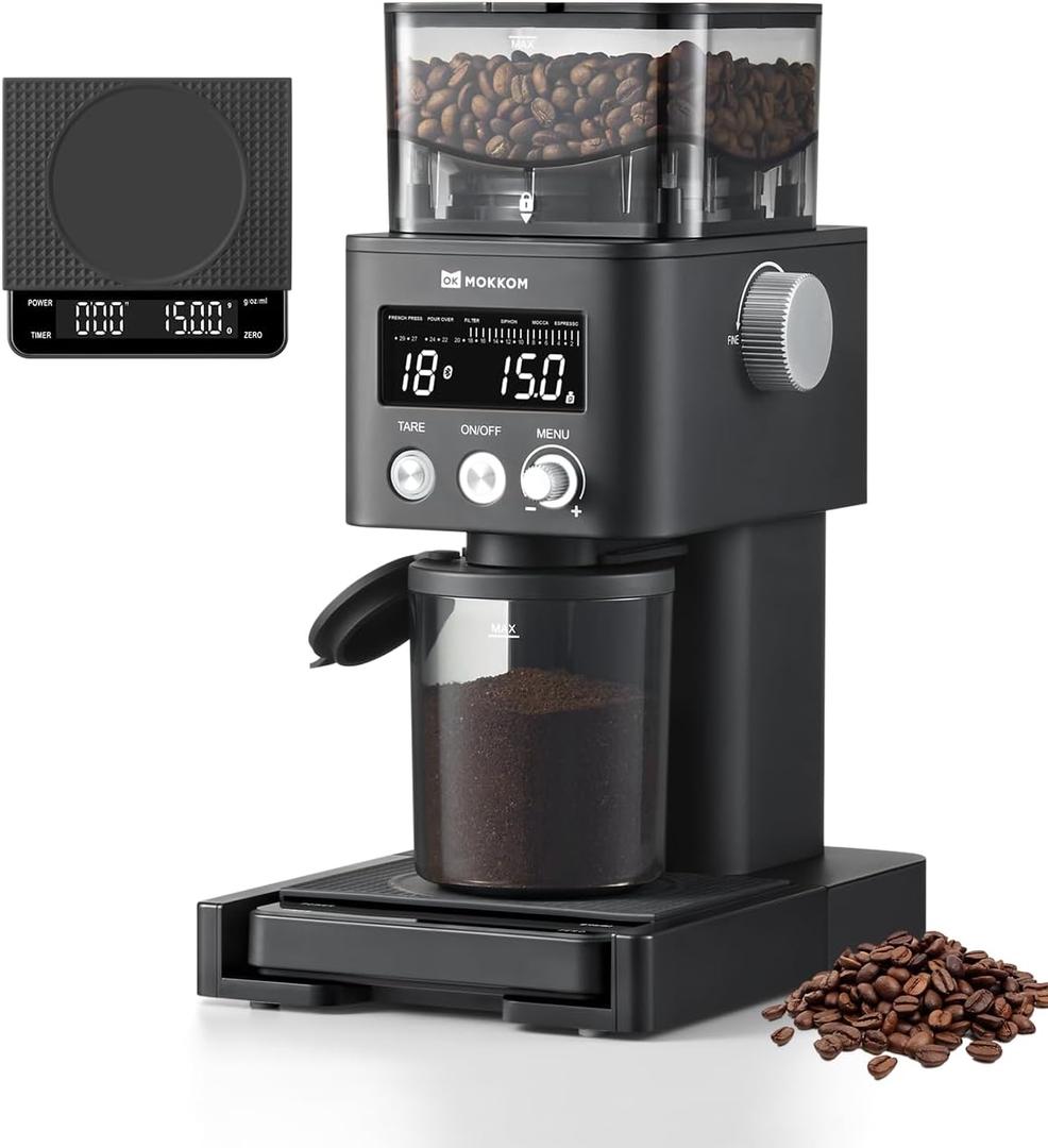 MOKKOM Coffee Grinder with Removable Coffee Scale via Bluetooth Connectivity, Anti-static Conical Burr Coffee Bean Grinder, 31 Precise Settings for Espresso/Drip/Pour Over/Cold Brew/French Press (Matte Black)