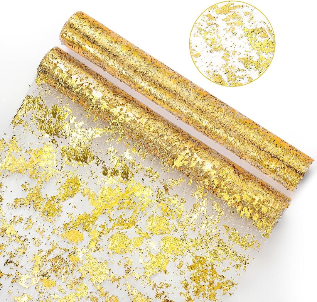2 Pieces Gold Table Runner, 11"x108" Glitter Foil Metallic Thin Mesh Decor Rolls, Centerpieces Decorations for Party Wedding Christmas Thanksgiving Valentine