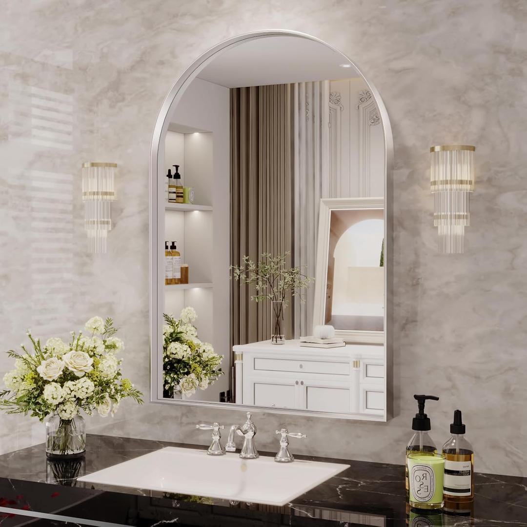 Arch Mirror, 24 x 36 Inch Silver Arch Mirror for Bathroom, Arched Wall Mirror, Aluminum Alloy Frame Silver Bathroom Vanity Mirror for Living Room Bedroom Entryway Mantel Hallways Decor