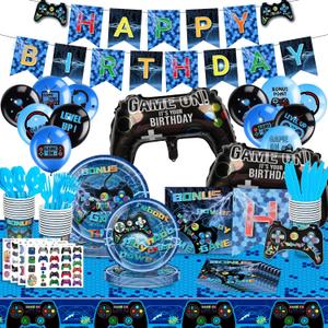 139 PCS Video Game Birthday Party Decoration - Gaming Party Supplies, Includes Happy Birthday Banner, Tablecloth, Plates, Napkins, Balloons Arch Kit for Gamer Party Favor Gift
