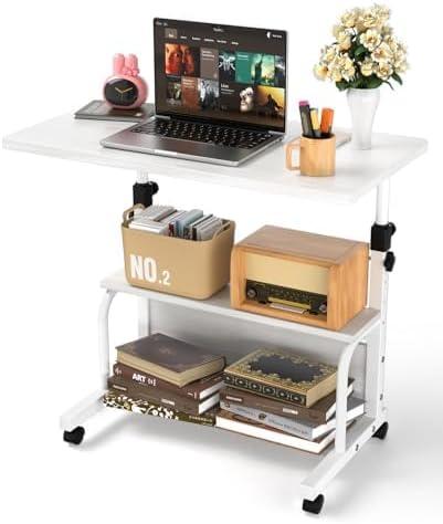 QZMDSM Portable Desk with Wheels Small Standing Desk on Wheels Adjustable Height Rolling Desks for Small Spaces, 32" Computer Desks with Storage Shelves for Home Office Study White, 31 inches x 15 inches x 25 inches
