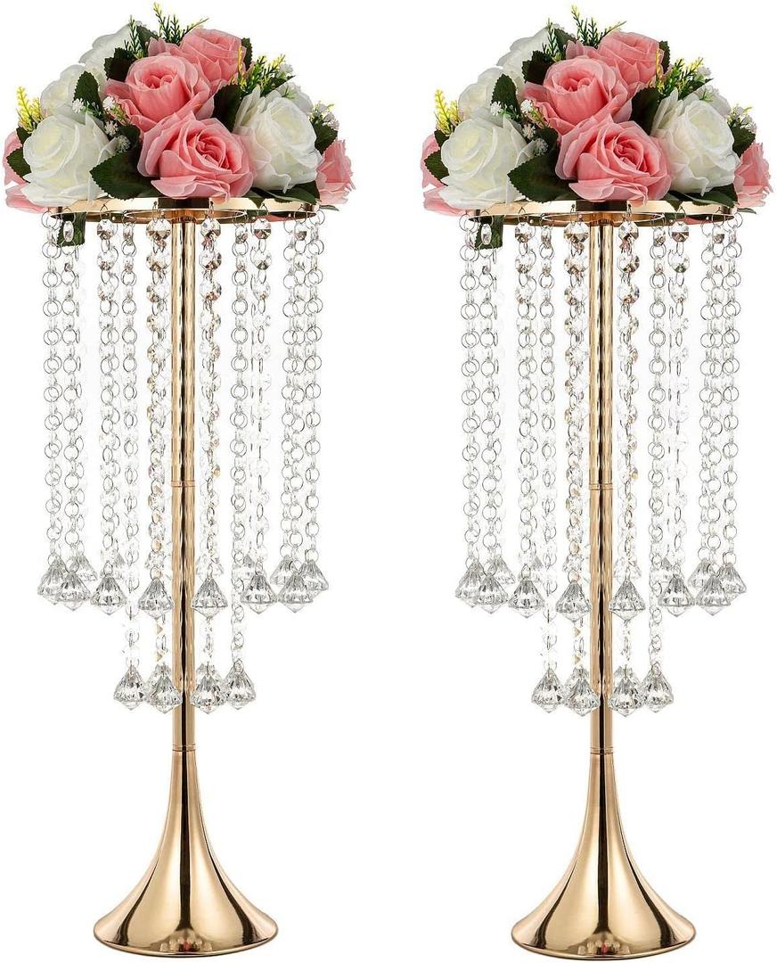 Metal Gold Flower Stands for Centerpieces - 21.88" Tall Wedding Decor Flower Vases, Elegant Floral Crystal Vases, 2pcs of Table Centerpiece Floral Stands for Wedding Party Event Home Decorations