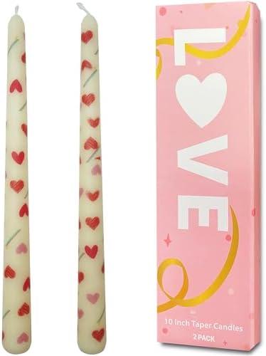 Topsics Ivory Taper Candles Set of 2, 10 inch Ivory Tall Candle, Unscented Heart Patterns Candlesticks, Long Burning Candles for Home Decor, Wedding, Valentine's Day