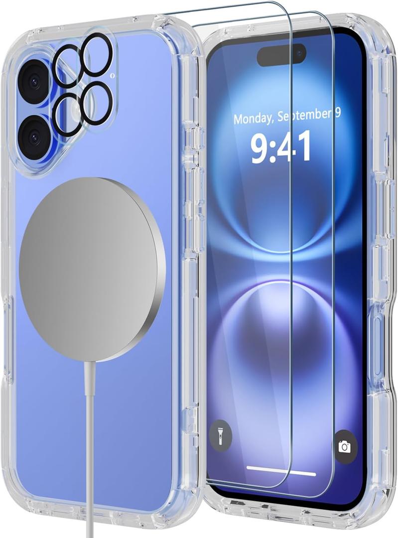 Diverbox for iPhone 16 Plus Case [Compatible with MagSafe][Shockproof] [Dropproof][Tempered Glass Screen Protector + Camera Protectors] Heavy Duty Protection Cover for iPhone 16 Plus (Magnetic Clear)
