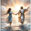 Jesus and Women Walking On Water Canvas Wall Art, Oil Paint Stripe Painting Poster, Christian Wall Decor, Jesus Picture for Wall Living Room Church Bedroom Home Decoratio 16*24 IN(Stretched Canvas on A Wooden Frame)