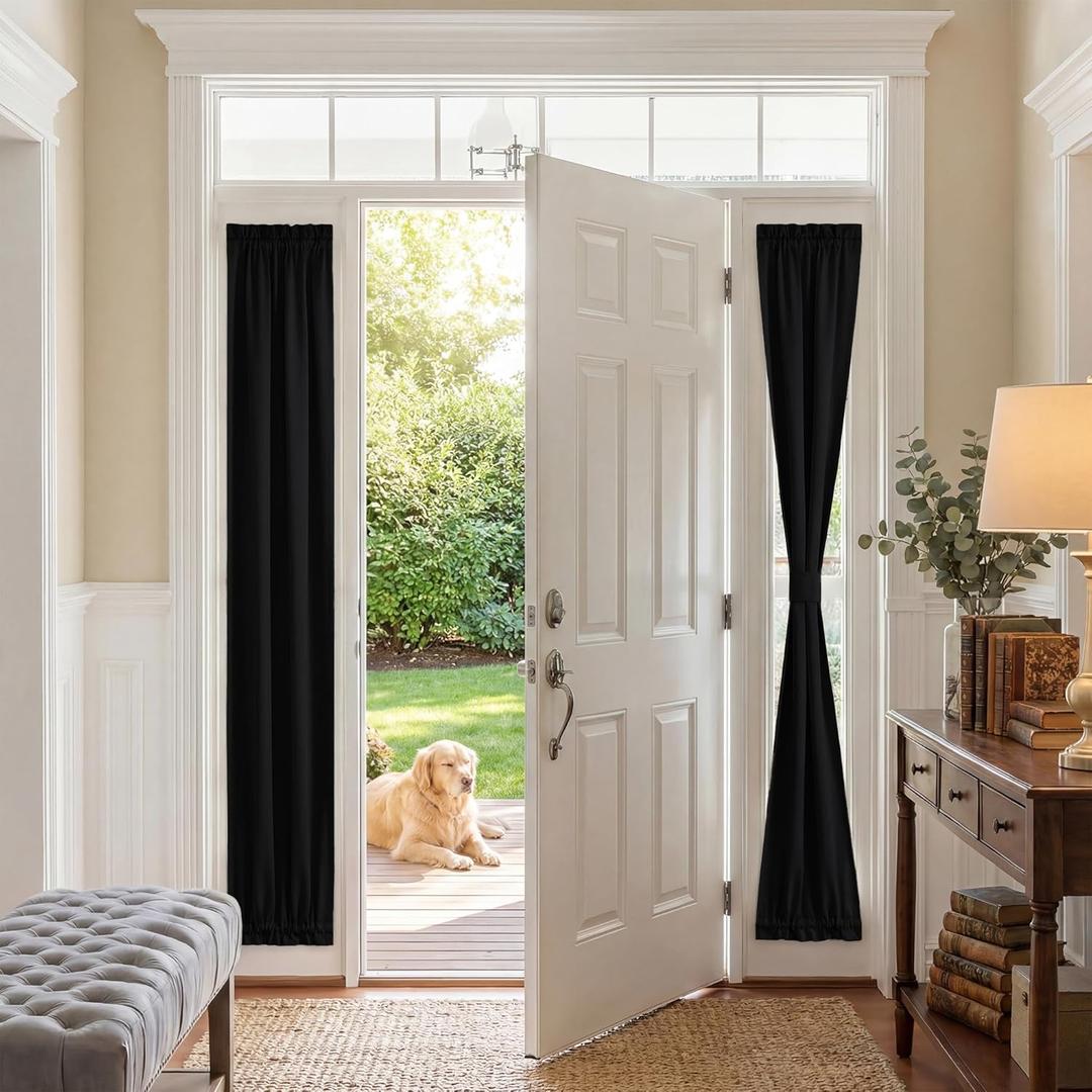 PONY DANCE French Door Curtains 66 inch Length - Dual Rod Pocket Blackout Door Curtain for Privacy Window Drapery Including Bonus Adjustable Tieback, 25 x 66 inches, Black